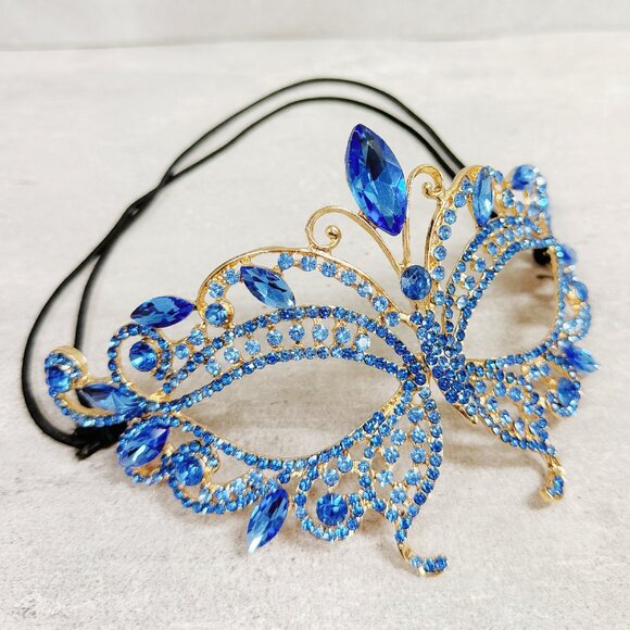 Gold masquerade mask, Blue crystal mask, Cosplay mask, Venetian mask, ball mask - Picture 4 of 8